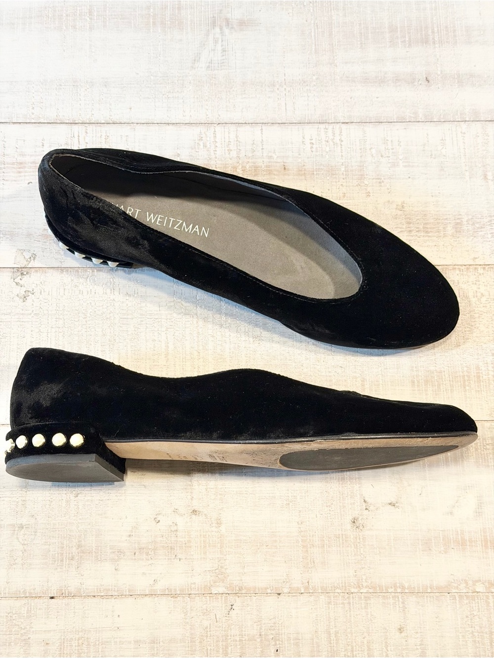 Stuart Weitzman Black Velvet Chicpearl Ballet Flats Size 8.5 Wedding Evening - Picture 1 of 12